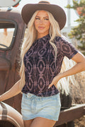 Brown Aztec Print Mock Neck Short Sleeve Mesh T Shirt