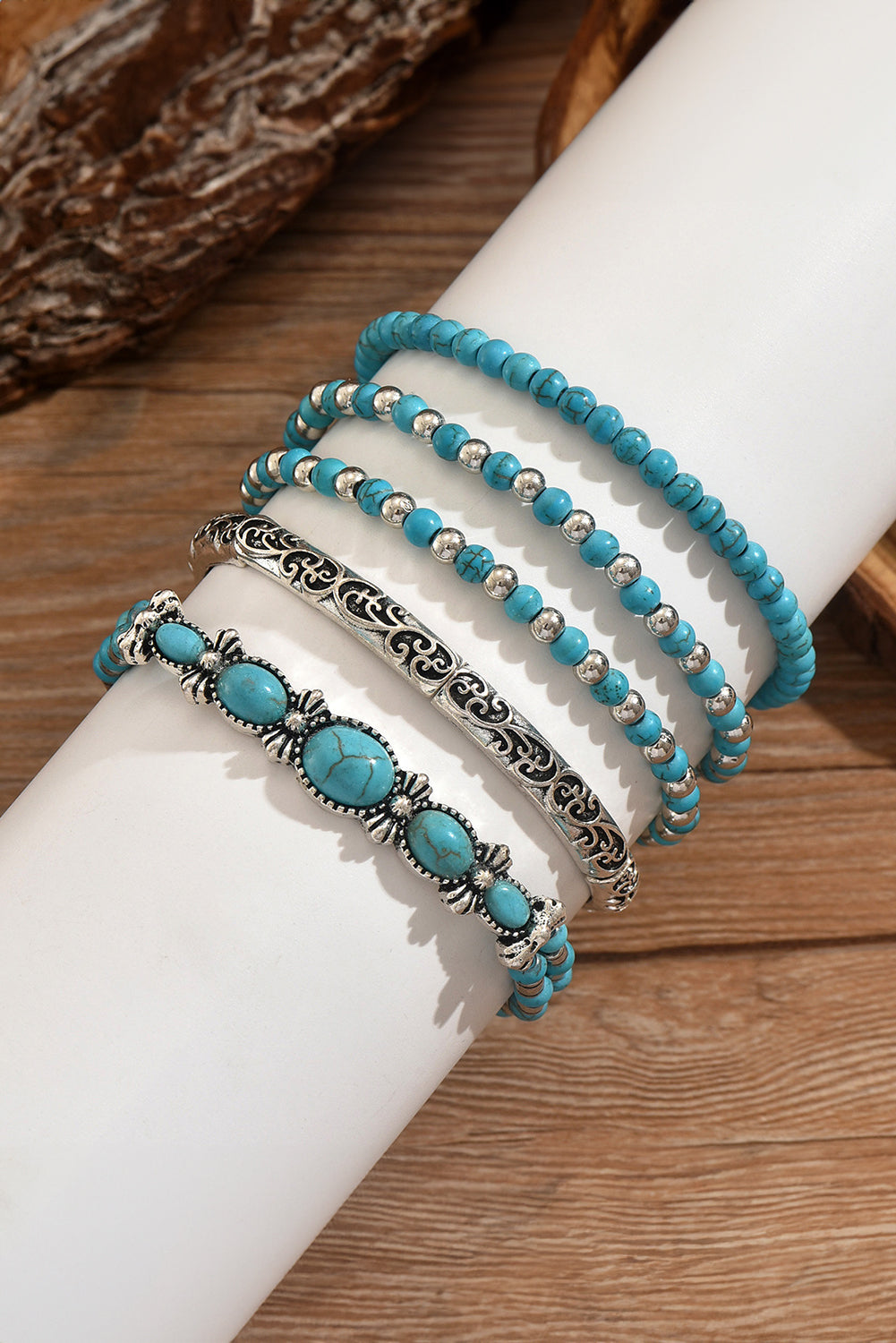 Silver Vintage Turquoise Beaded Bracelet Set