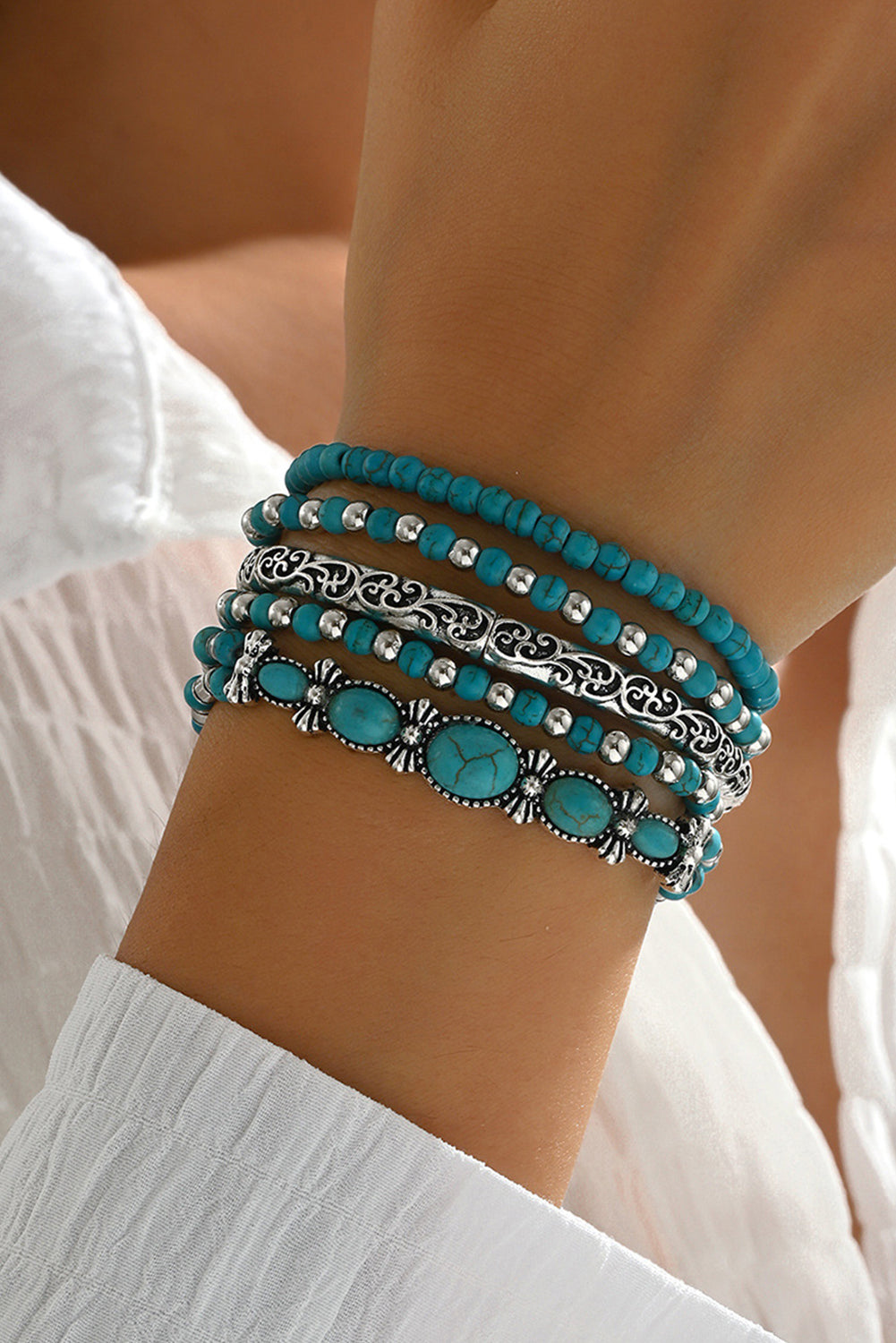 Silver Vintage Turquoise Beaded Bracelet Set