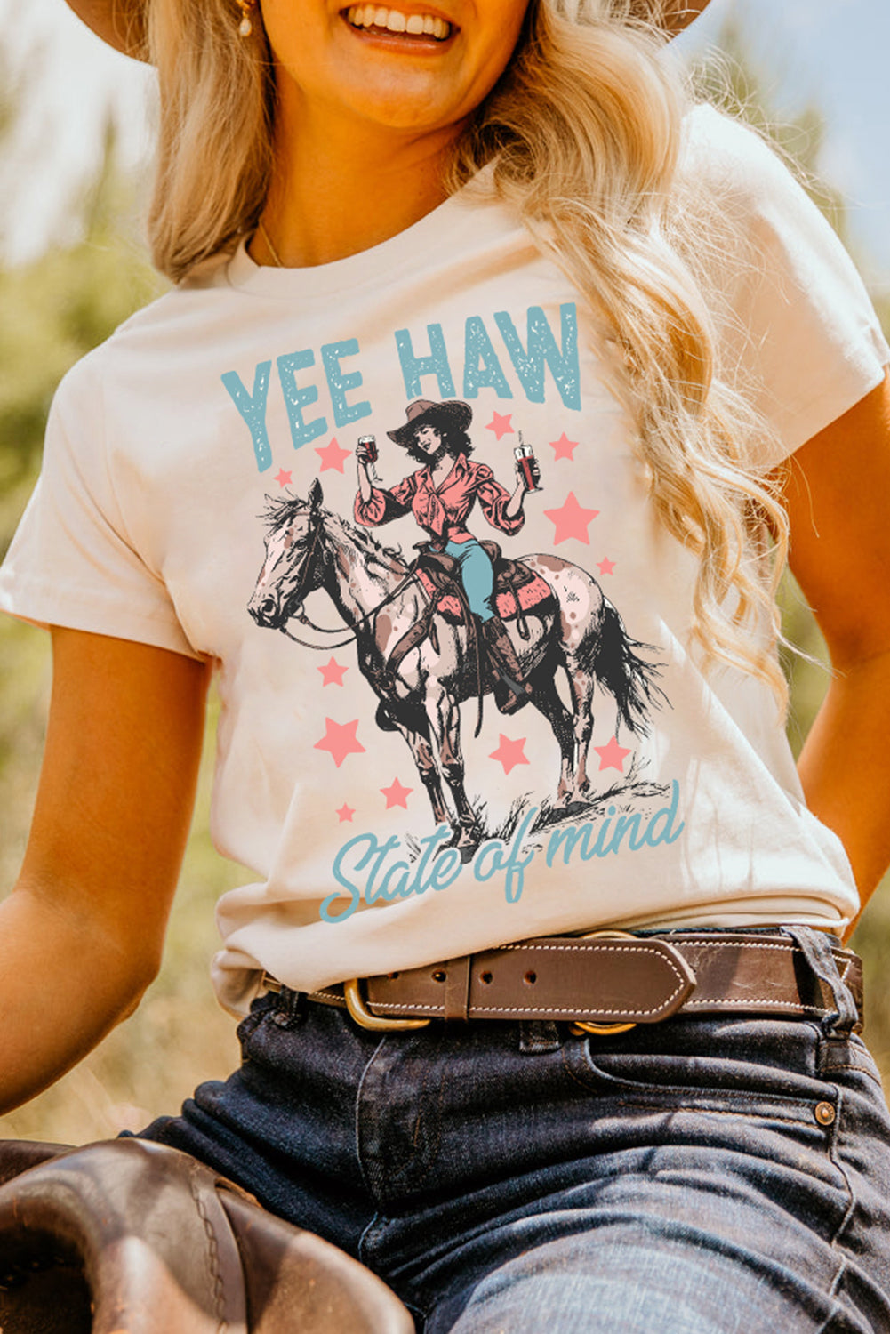 White YEE HAW State of mind Cowgirl Graphic Western Fashion Tee