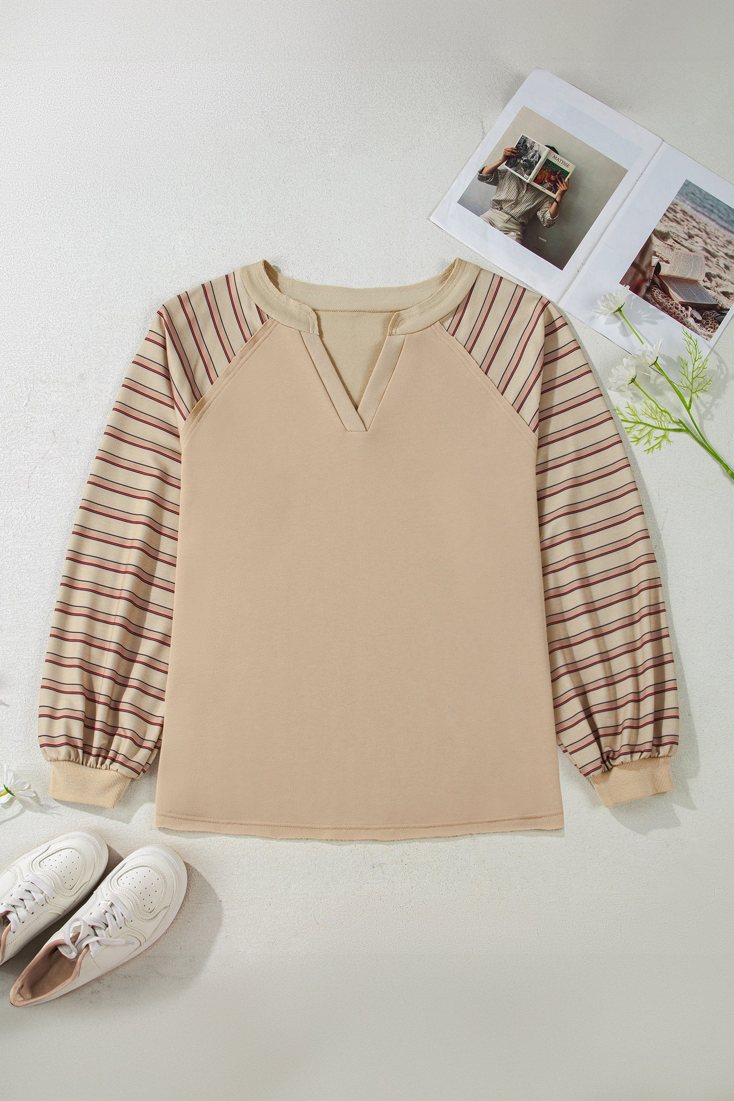 Parchment Striped Raglan Sleeve Notched Neck Raw Edge Plus Size Jumper