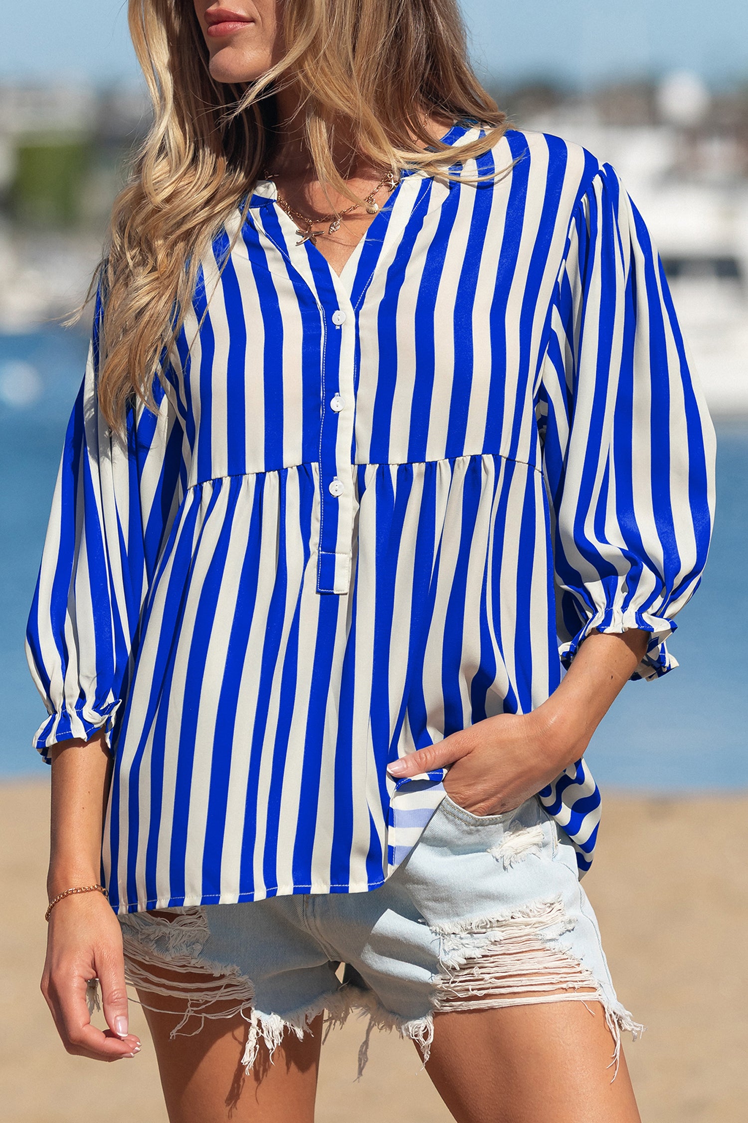 Sky Blue Stripe Balloon Sleeve Loose Button up Shirt