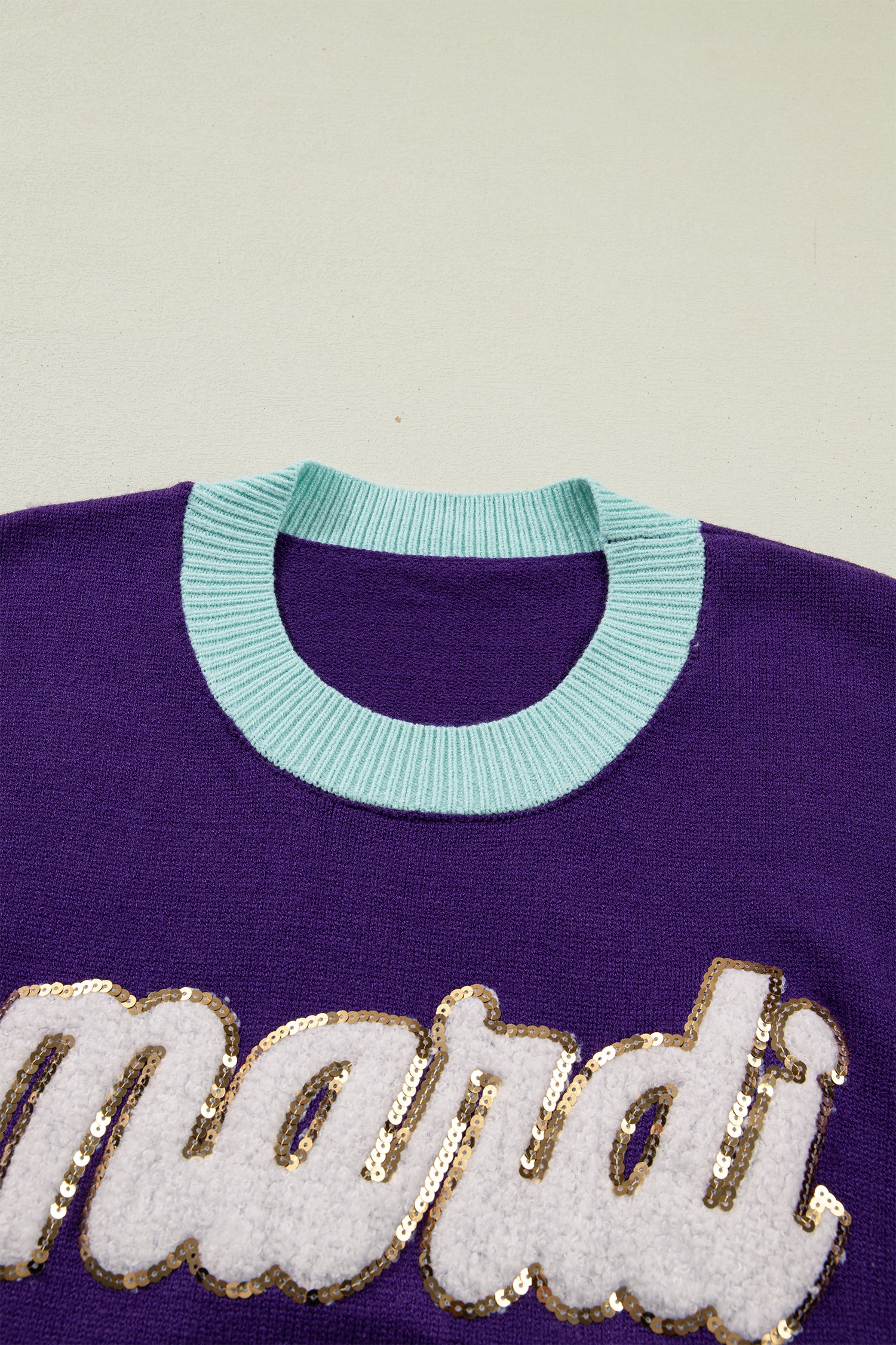 Tillandsia Purple Colorblock Patchwork Fuzzy Mardi Gras Graphic Sweater