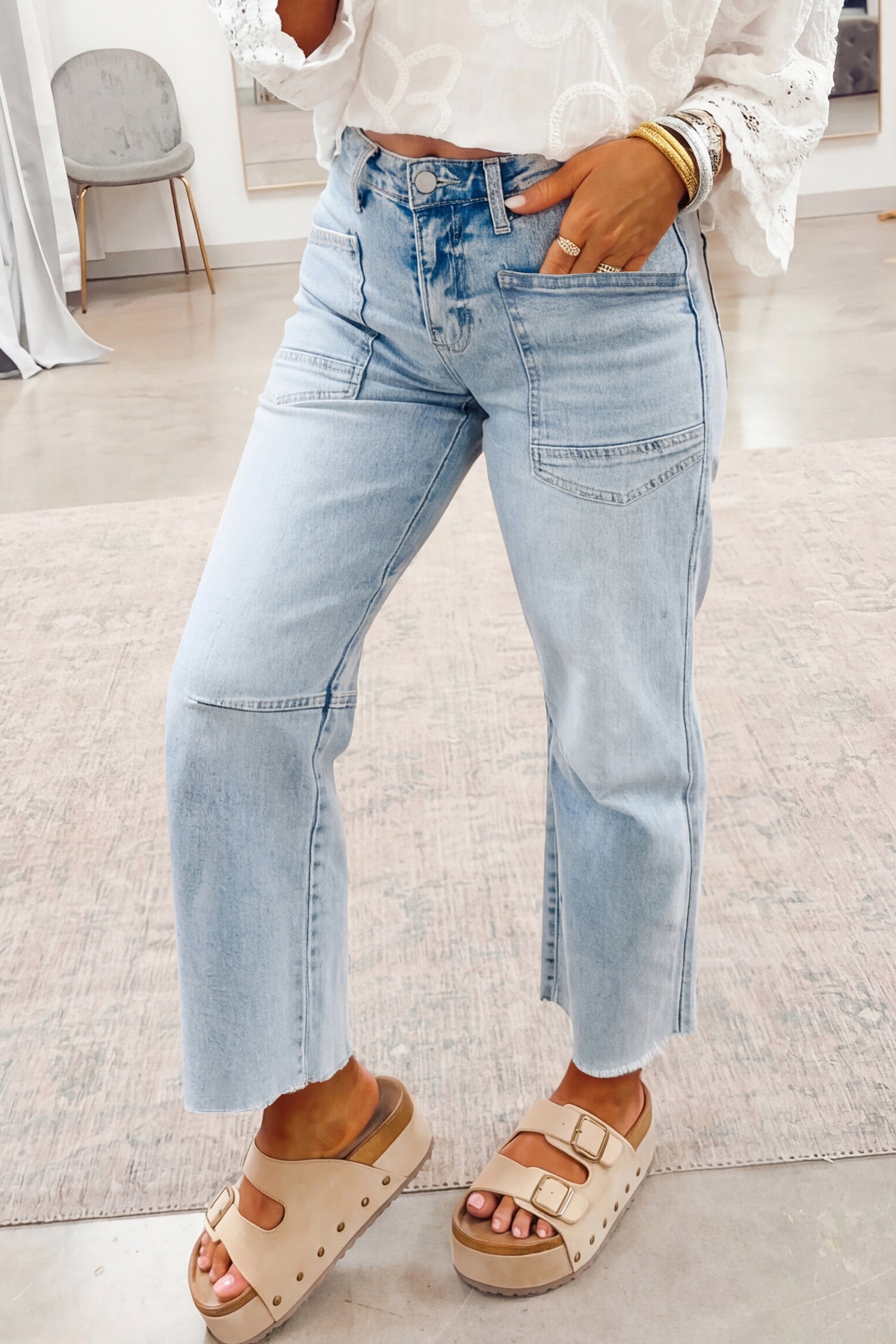 Beau Blue Frayed Cropped Straight Jeans