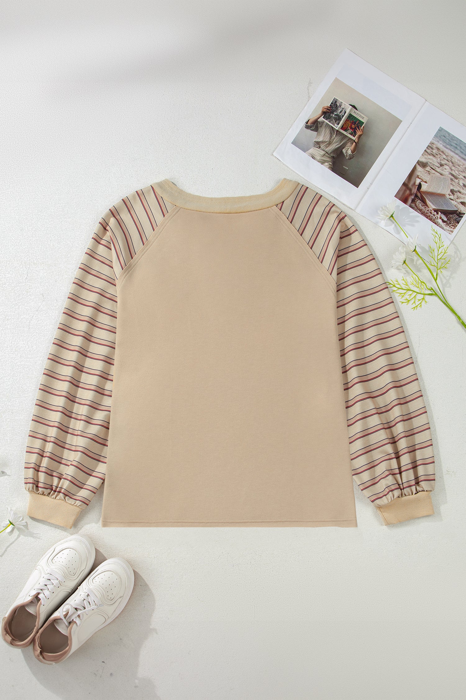 Parchment Striped Raglan Sleeve Notched Neck Raw Edge Plus Size Jumper