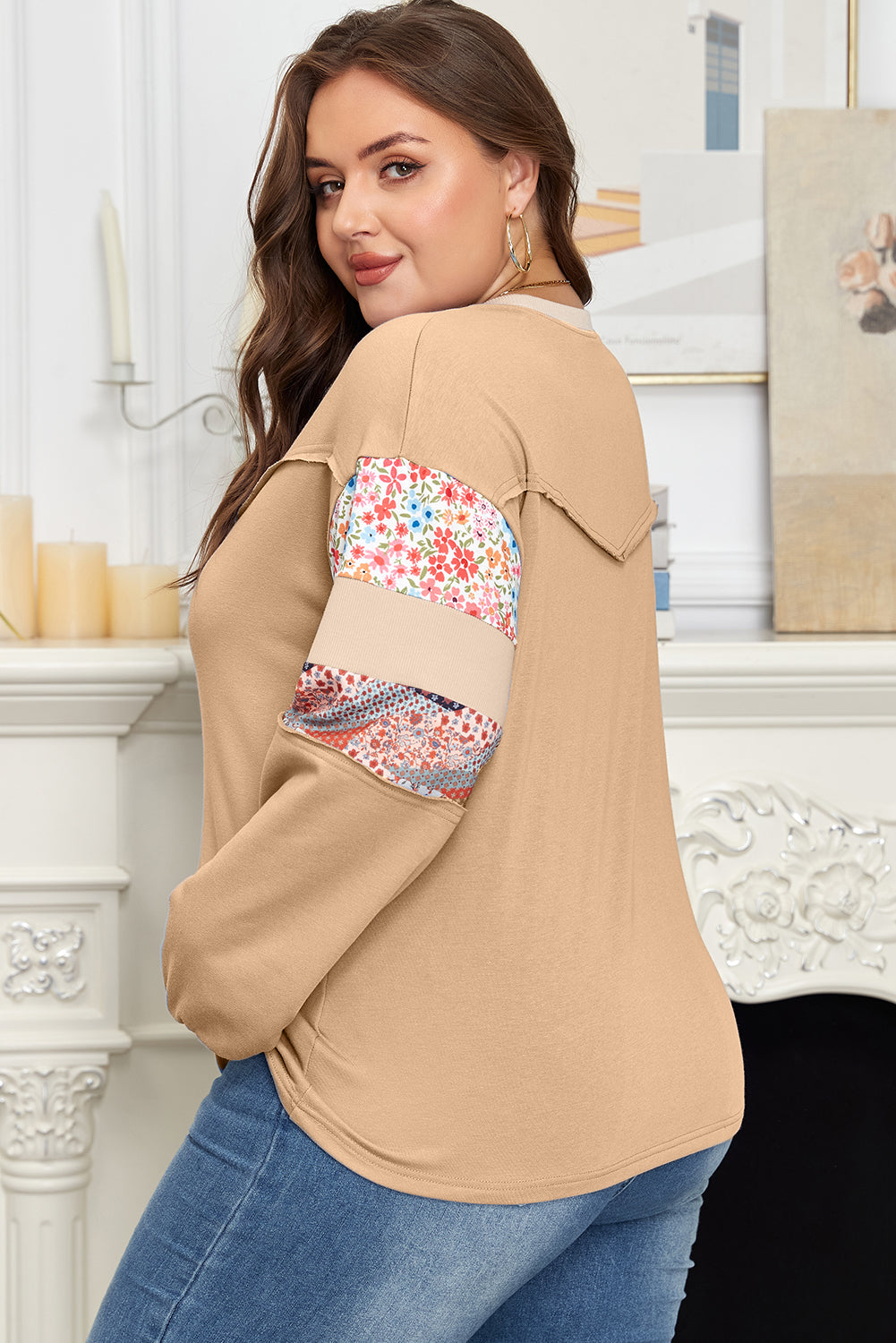 Khaki Exposed Seam Floral Mixed Patchwork Relaxed Plus Size Top
