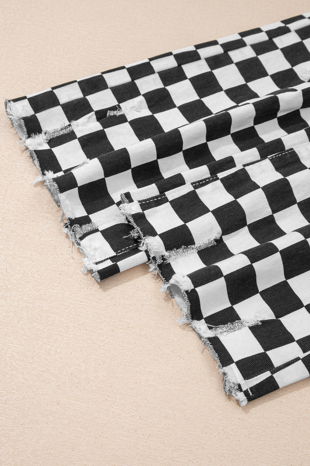 Black Checkerboard Print Distressed Holes Raw Edge Cropped Jeans