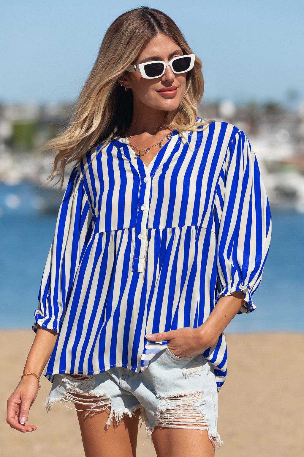 Sky Blue Stripe Balloon Sleeve Loose Button up Shirt