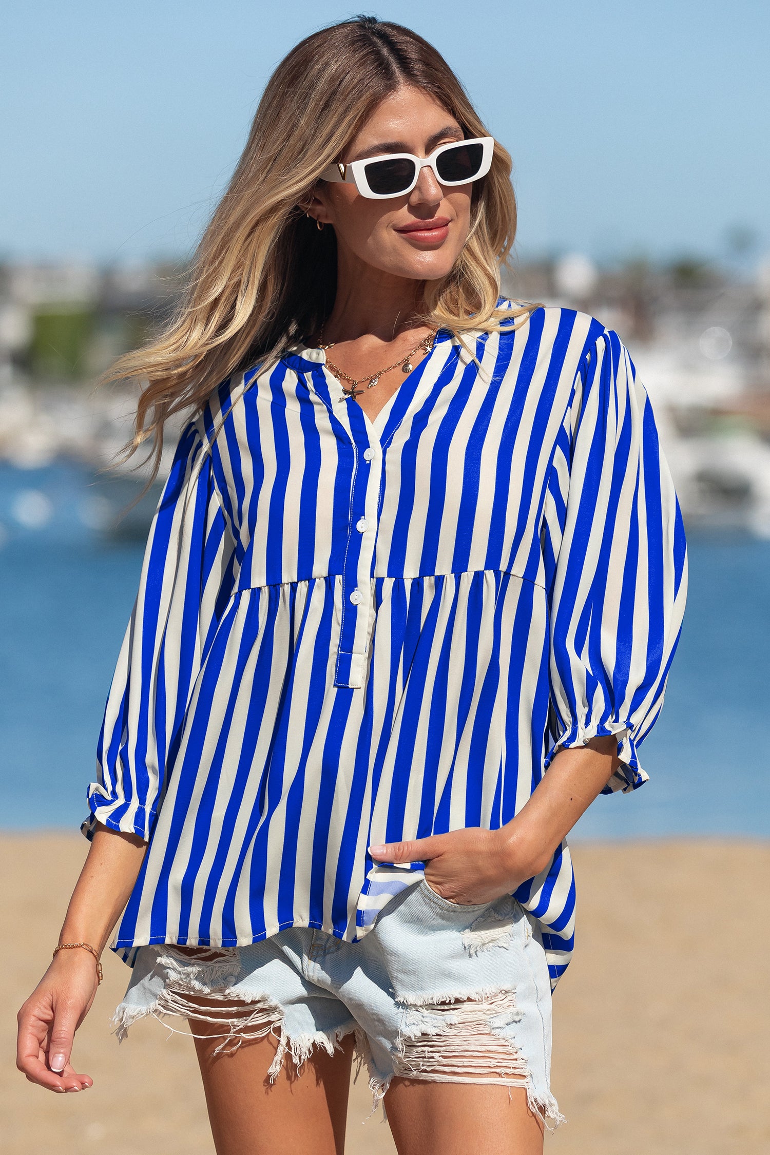 Sky Blue Stripe Balloon Sleeve Loose Button up Shirt