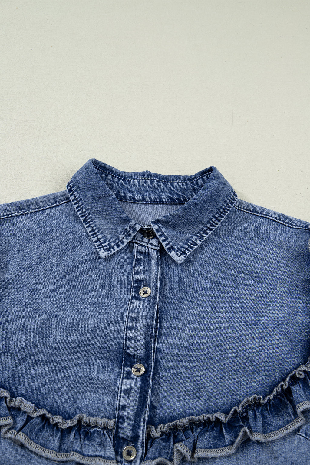 Dusk Blue Vintage Wash Denim Ruffle Detail Button Down Shirt