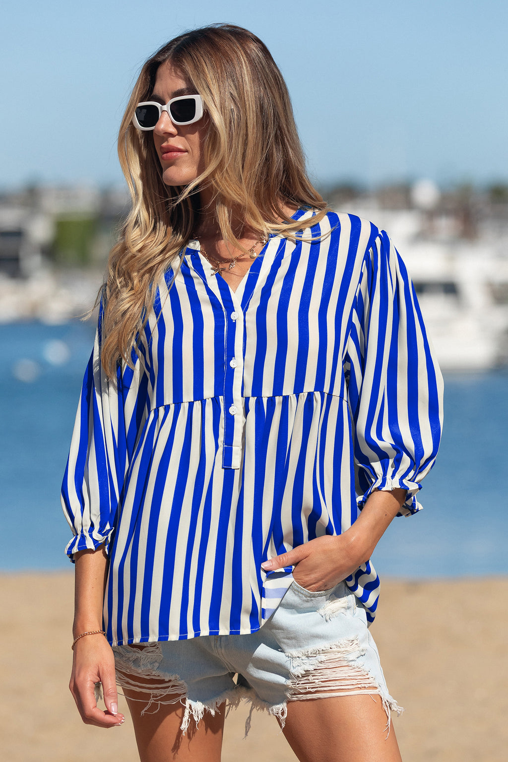 Sky Blue Stripe Balloon Sleeve Loose Button up Shirt
