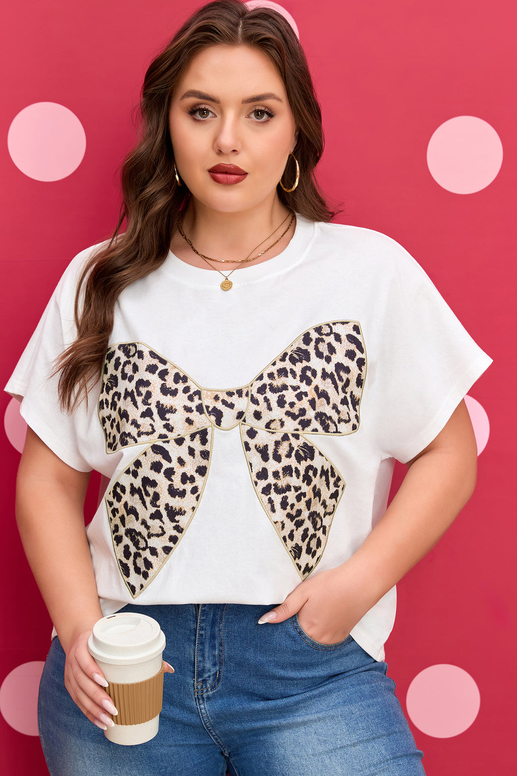White Plus Size Leopard Bow Embroidered Patch Casual T Shirt