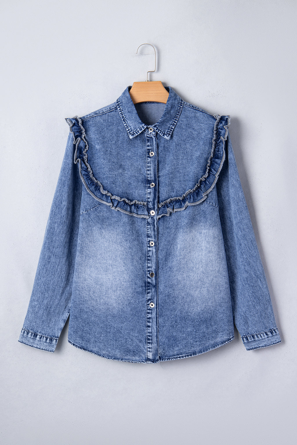 Dusk Blue Vintage Wash Denim Ruffle Detail Button Down Shirt