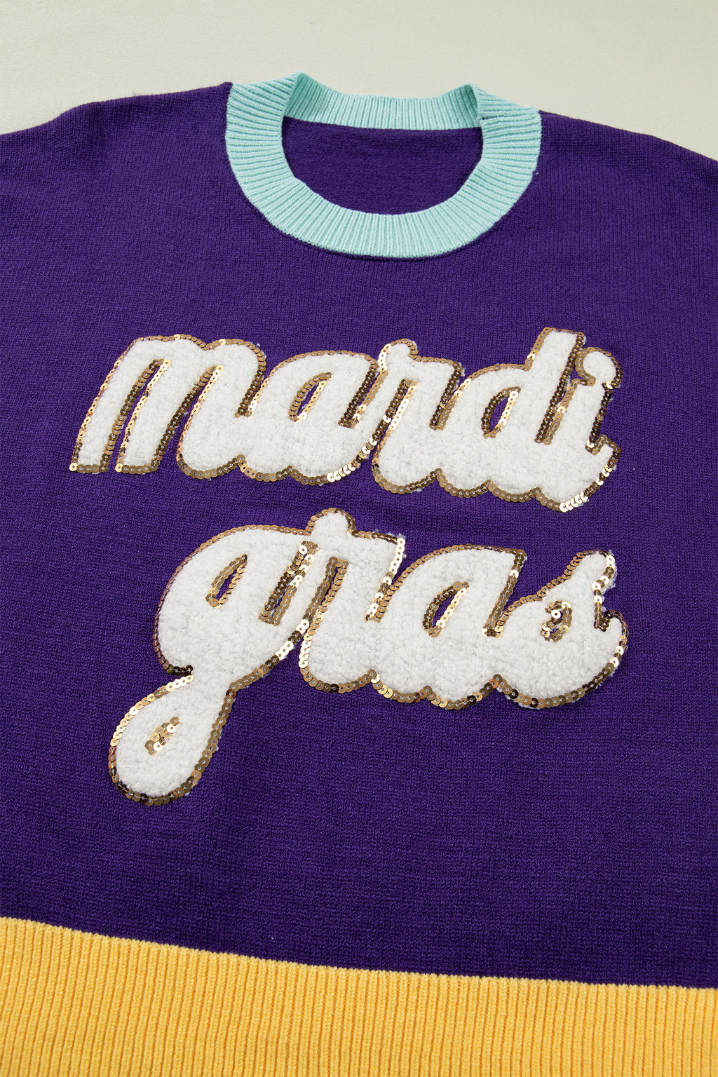 Tillandsia Purple Colorblock Patchwork Fuzzy Mardi Gras Graphic Sweater