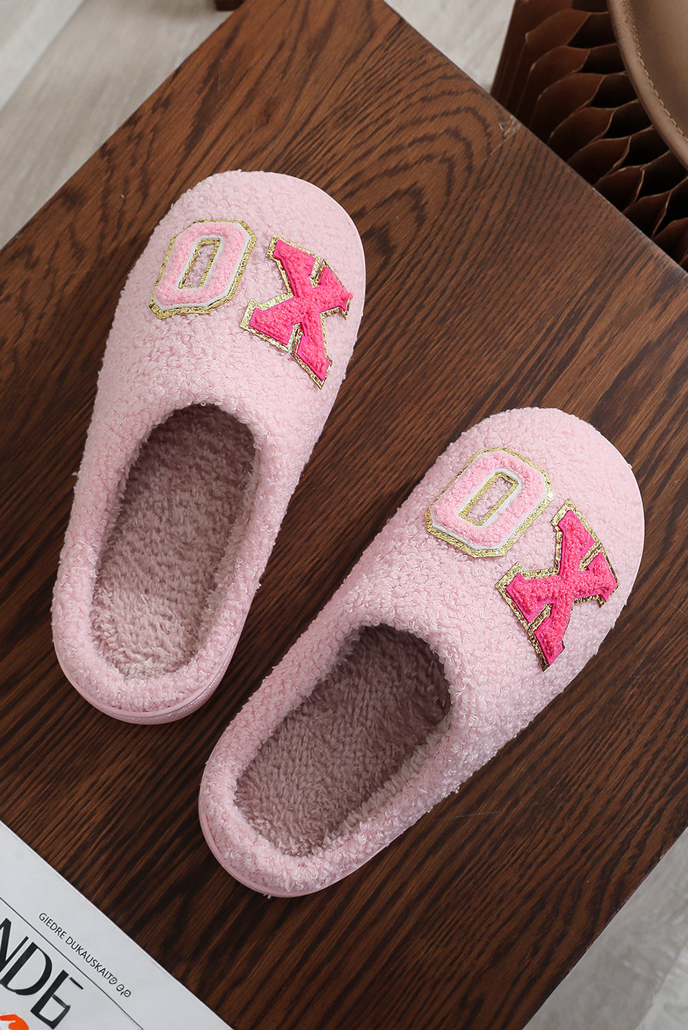 Pink XO XO Glitter Trim Letter Patched Plush House Slippers