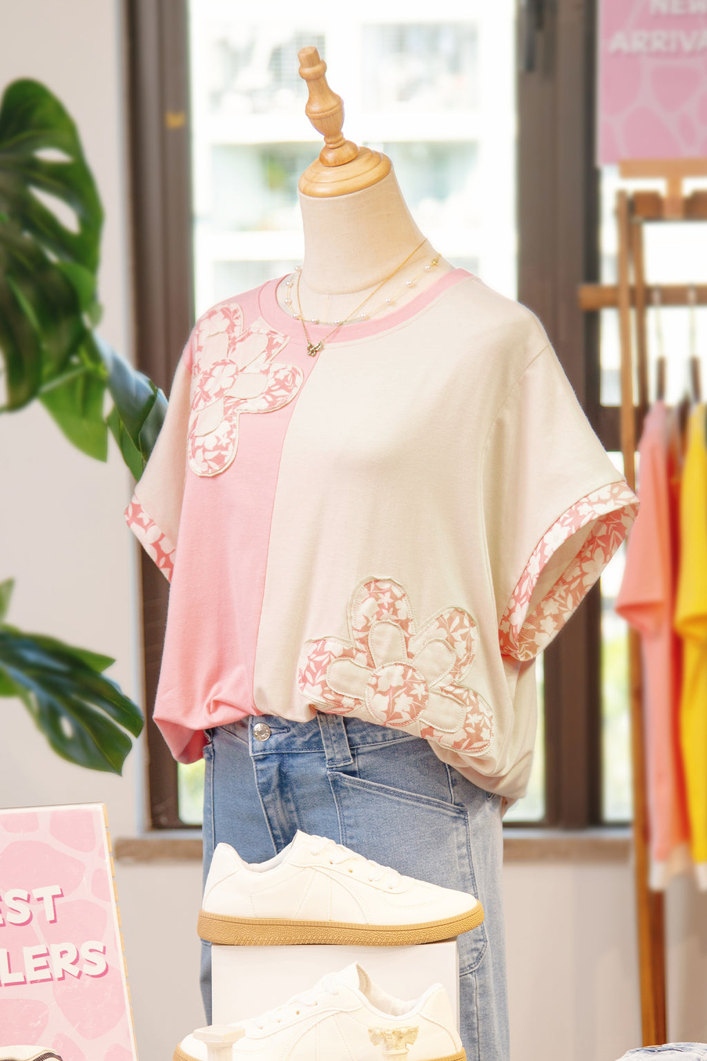 Apricot Color Block Flower Patched Loose T Shirt