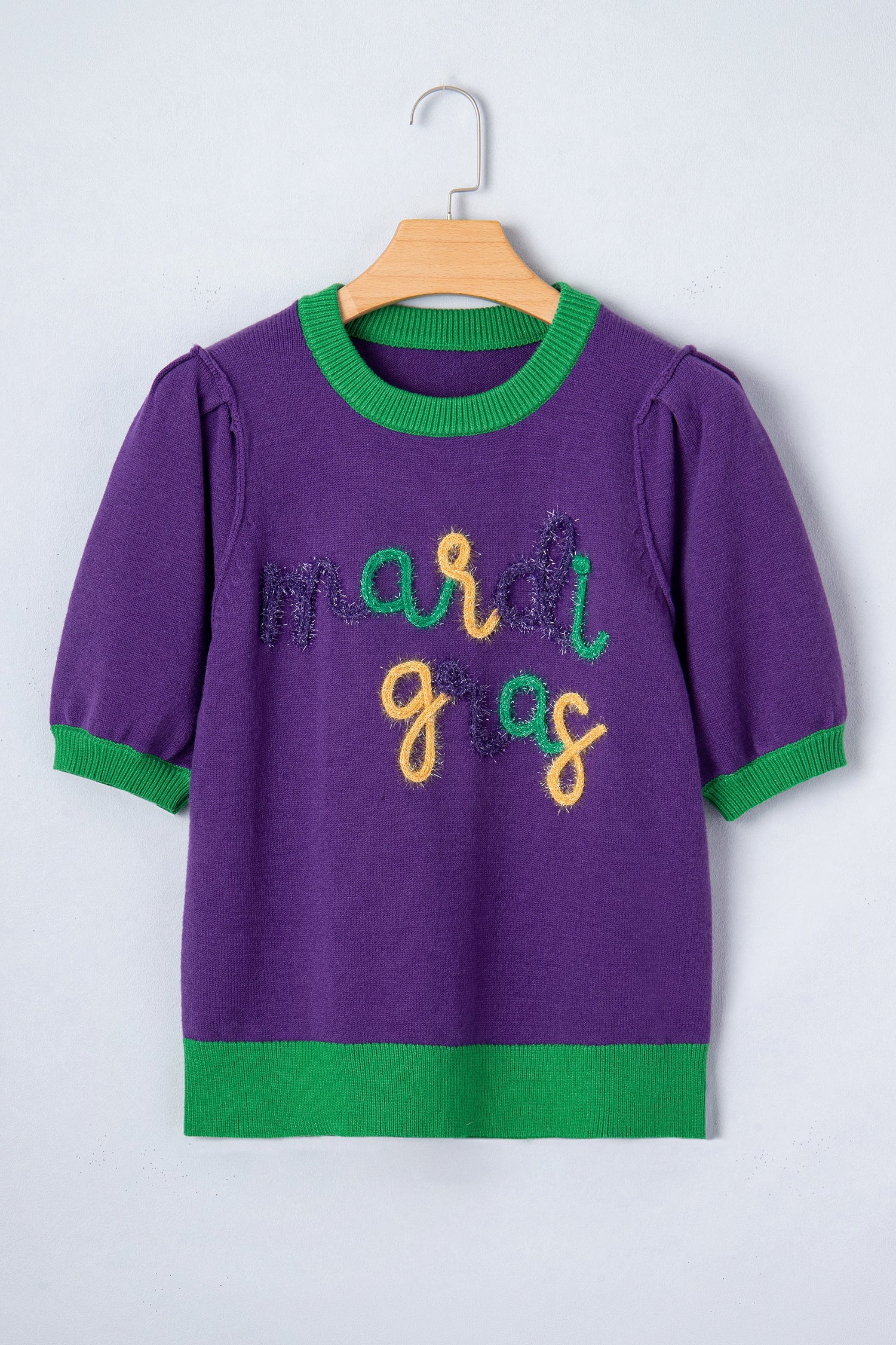 Tillandsia Purple Mardi Gras Tinsel Graphic Short Sleeve Sweater