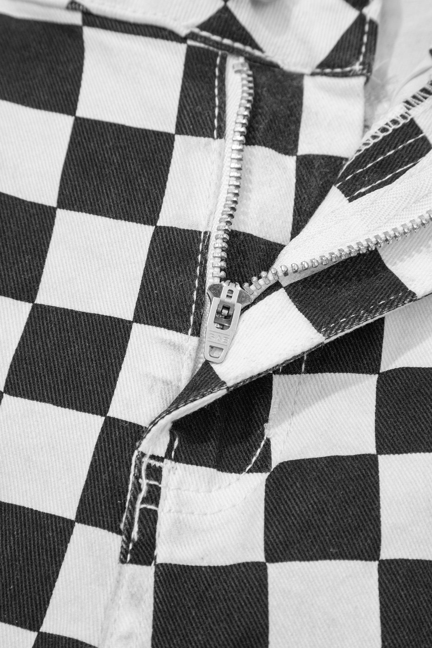 Black Checkerboard Print Distressed Holes Raw Edge Cropped Jeans