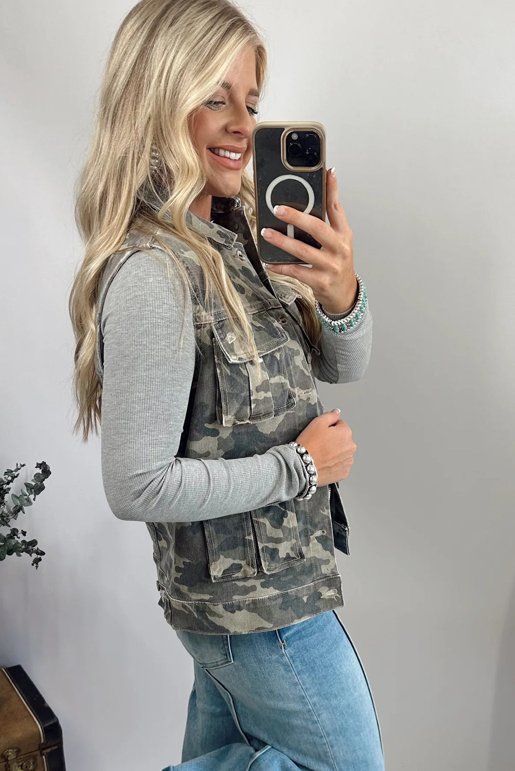 Green Camouflage Print Button Cargo Pocket Button Down Denim Vest