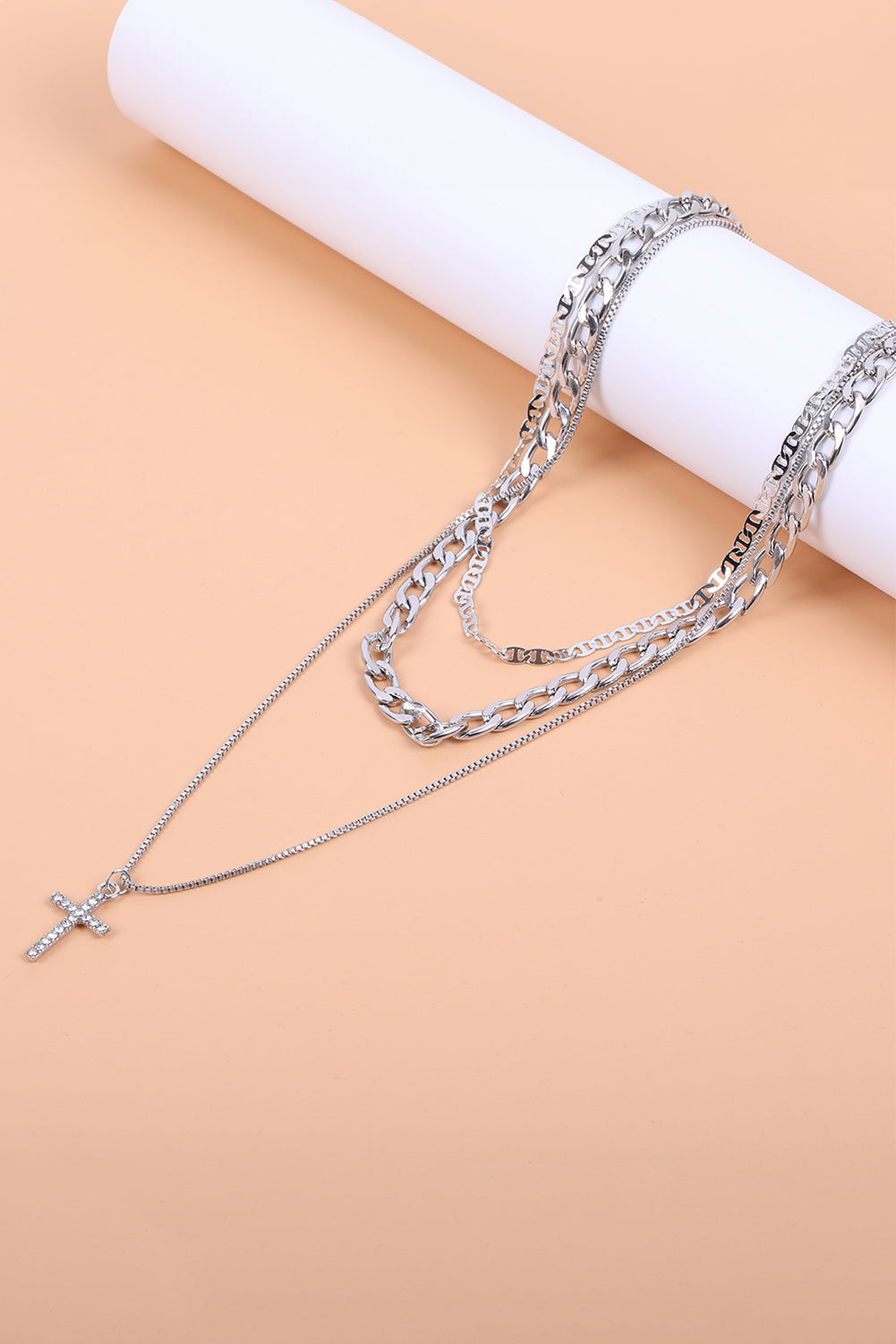 Silvery Rhinestone Cross Pendant Multi Layer Stacked Chain Necklace