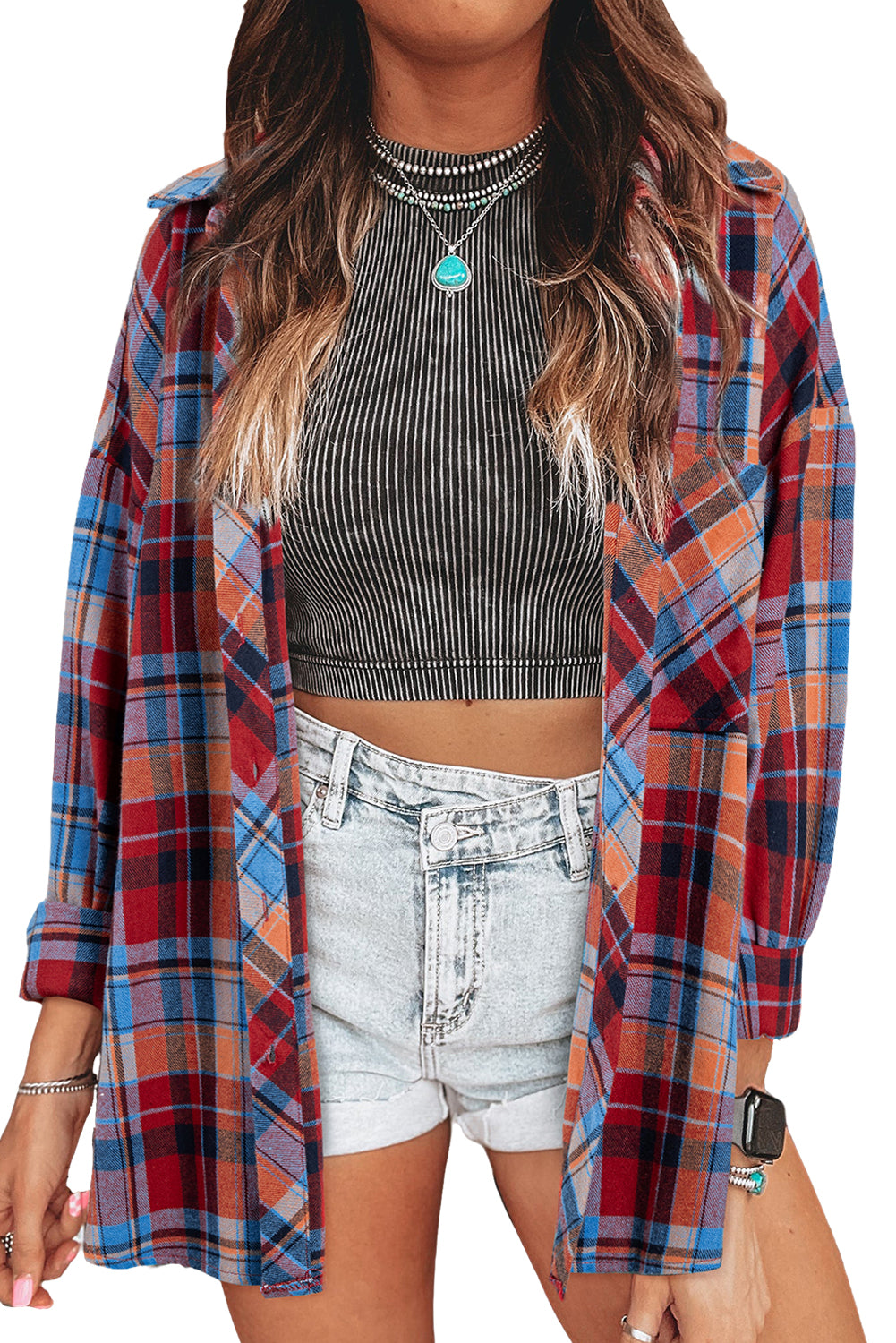 Red Plaid Print Drop Sleeve Loose Shirt Shacket