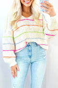 White Colorful Striped Detail V Neck Drop Shoulder Baggy Sweater