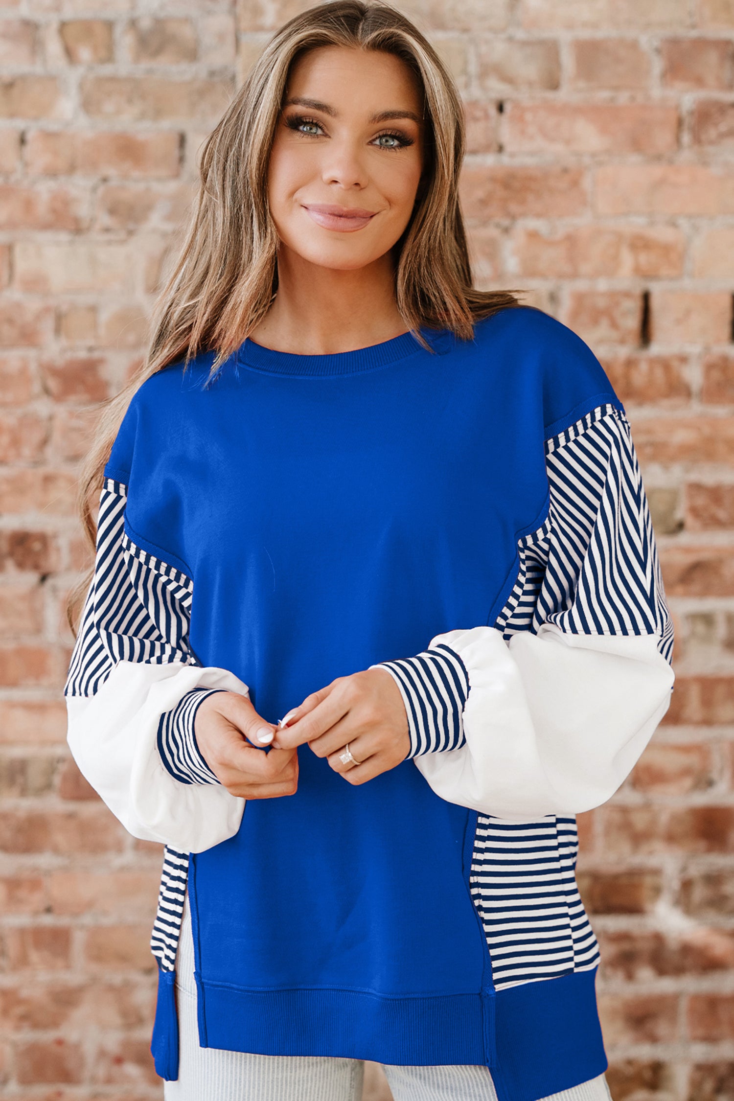Dark Blue Striped Patchwork Sleeve Colorblock Sweatshirt