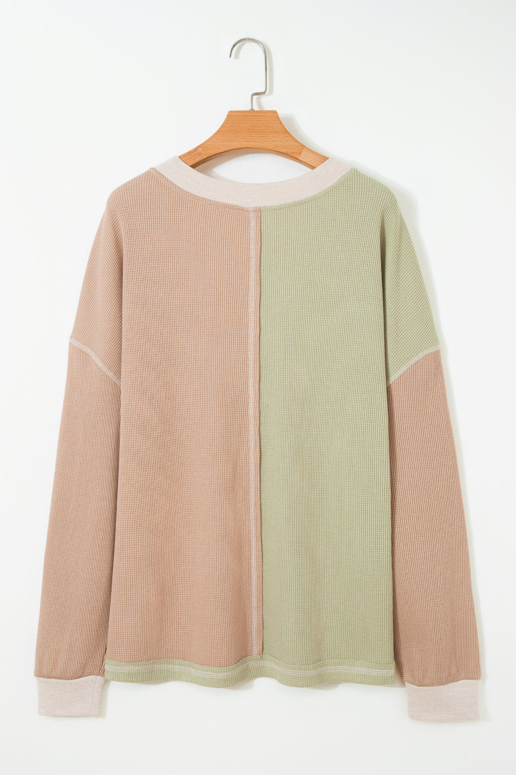 Green Plus Mixed Texture Color Block Patchwork V Neck Long Sleeve Top