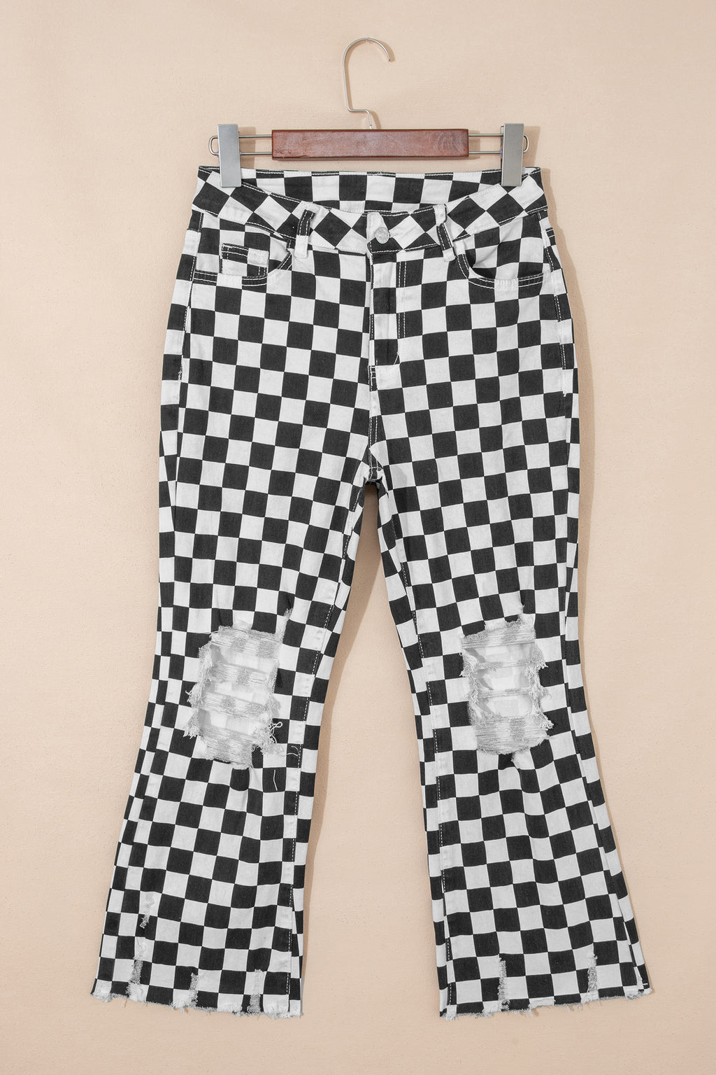 Black Checkerboard Print Distressed Holes Raw Edge Cropped Jeans