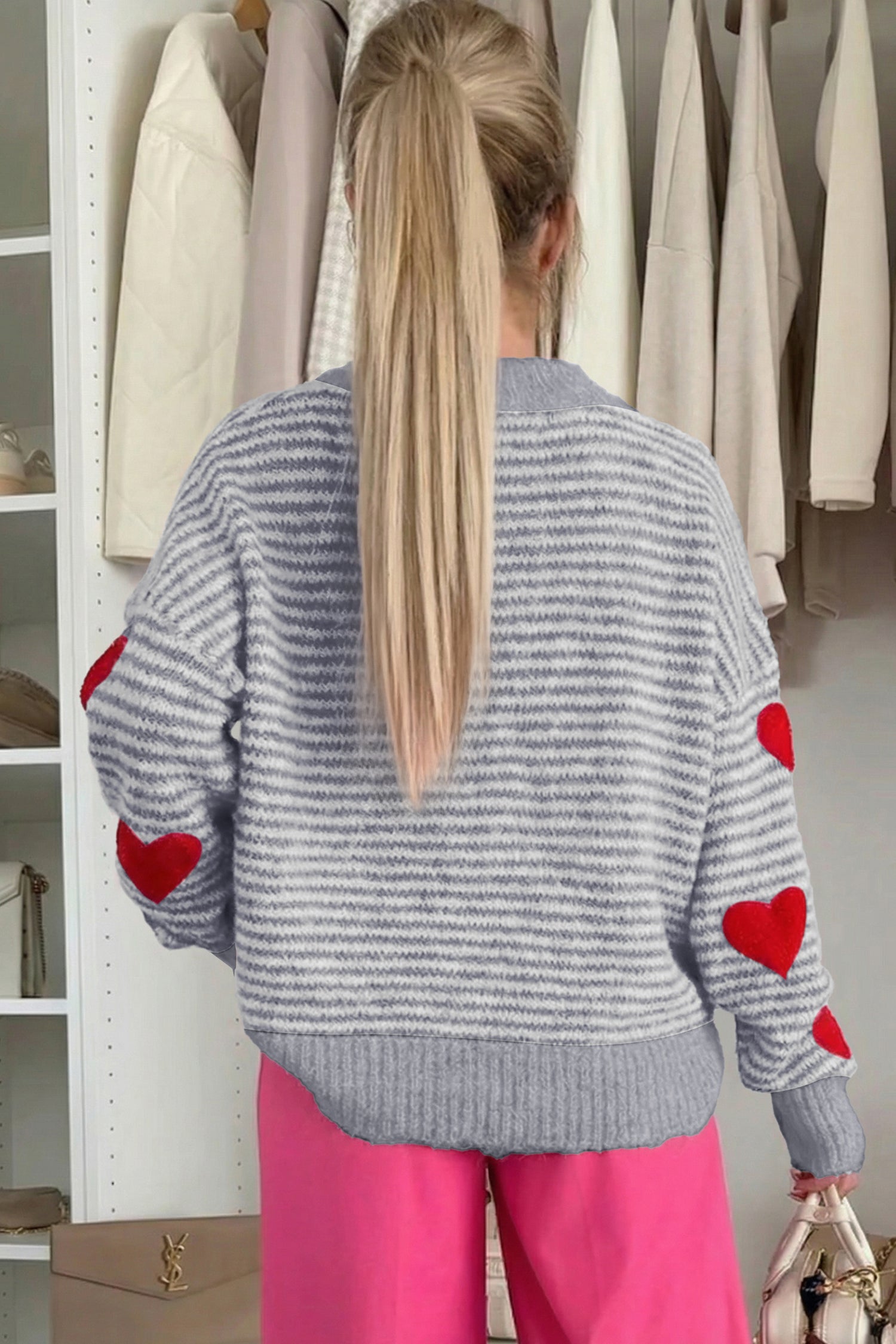 Gray Stripe Contrast Heart Pattern Valentine Knit Sweater
