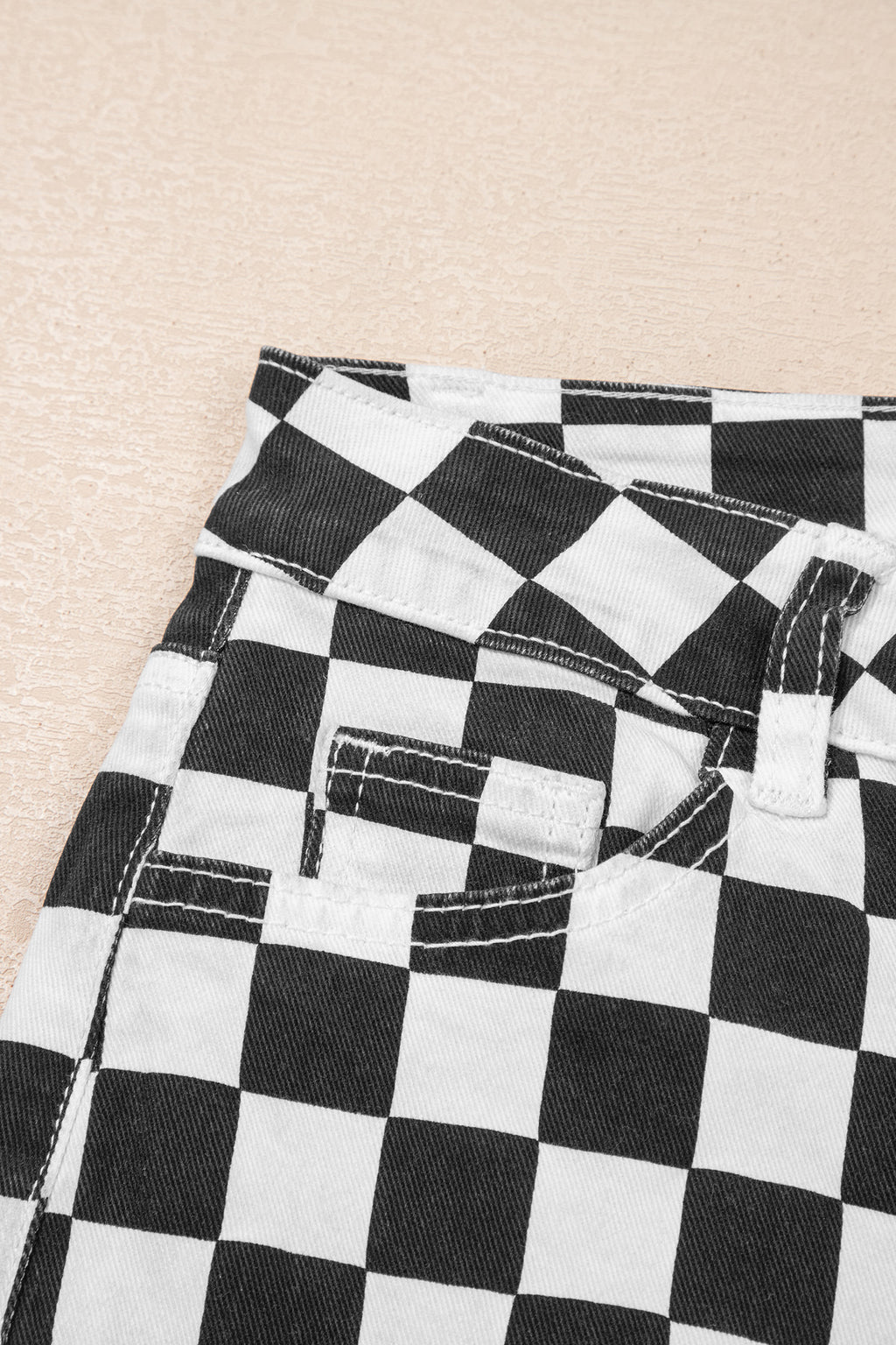 Black Checkerboard Print Distressed Holes Raw Edge Cropped Jeans