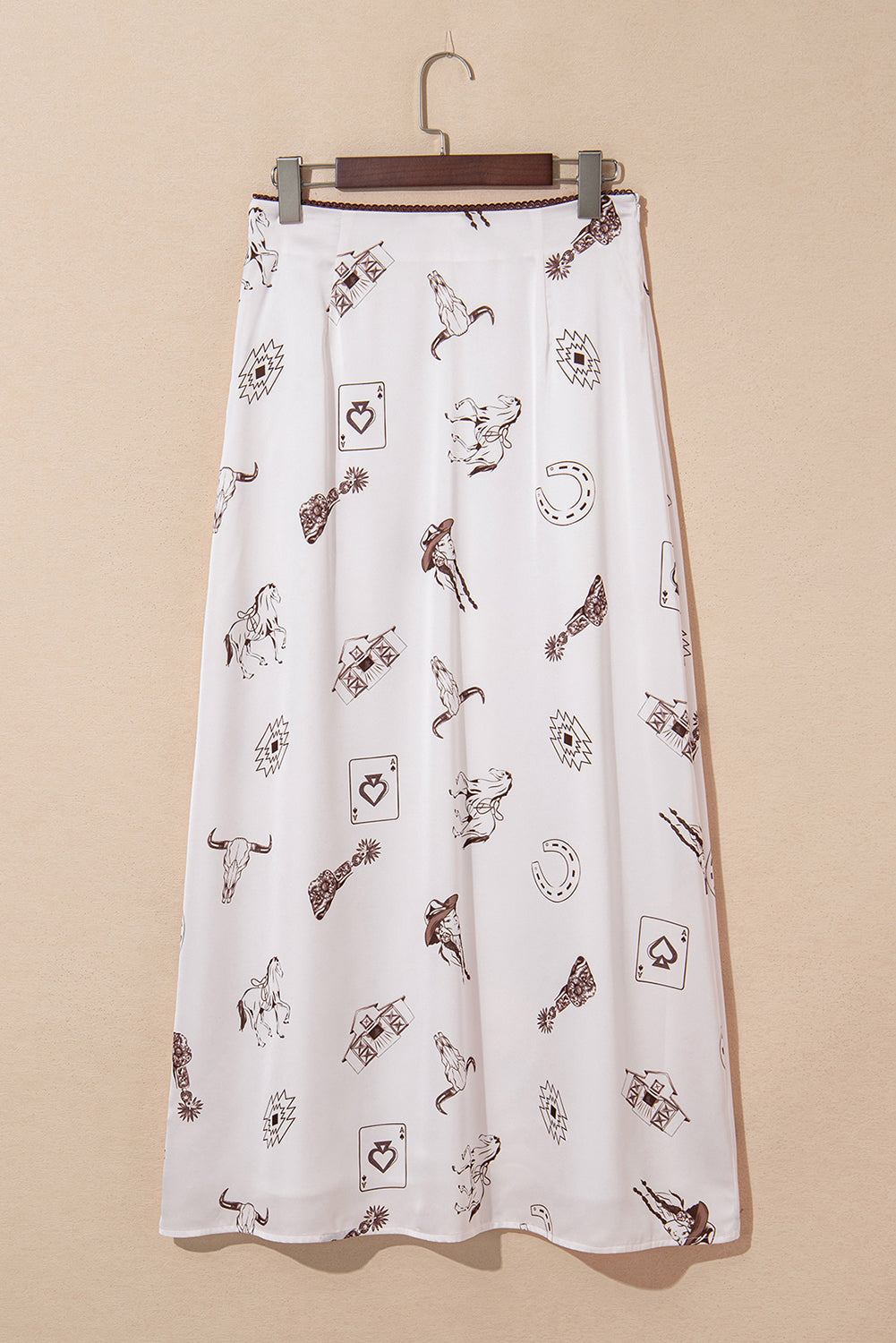 Beige Vintage Print Satin Maxi Skirt