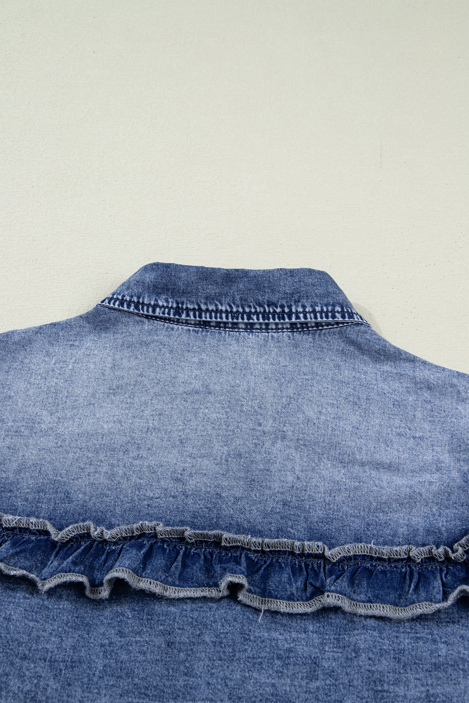 Dusk Blue Vintage Wash Denim Ruffle Detail Button Down Shirt