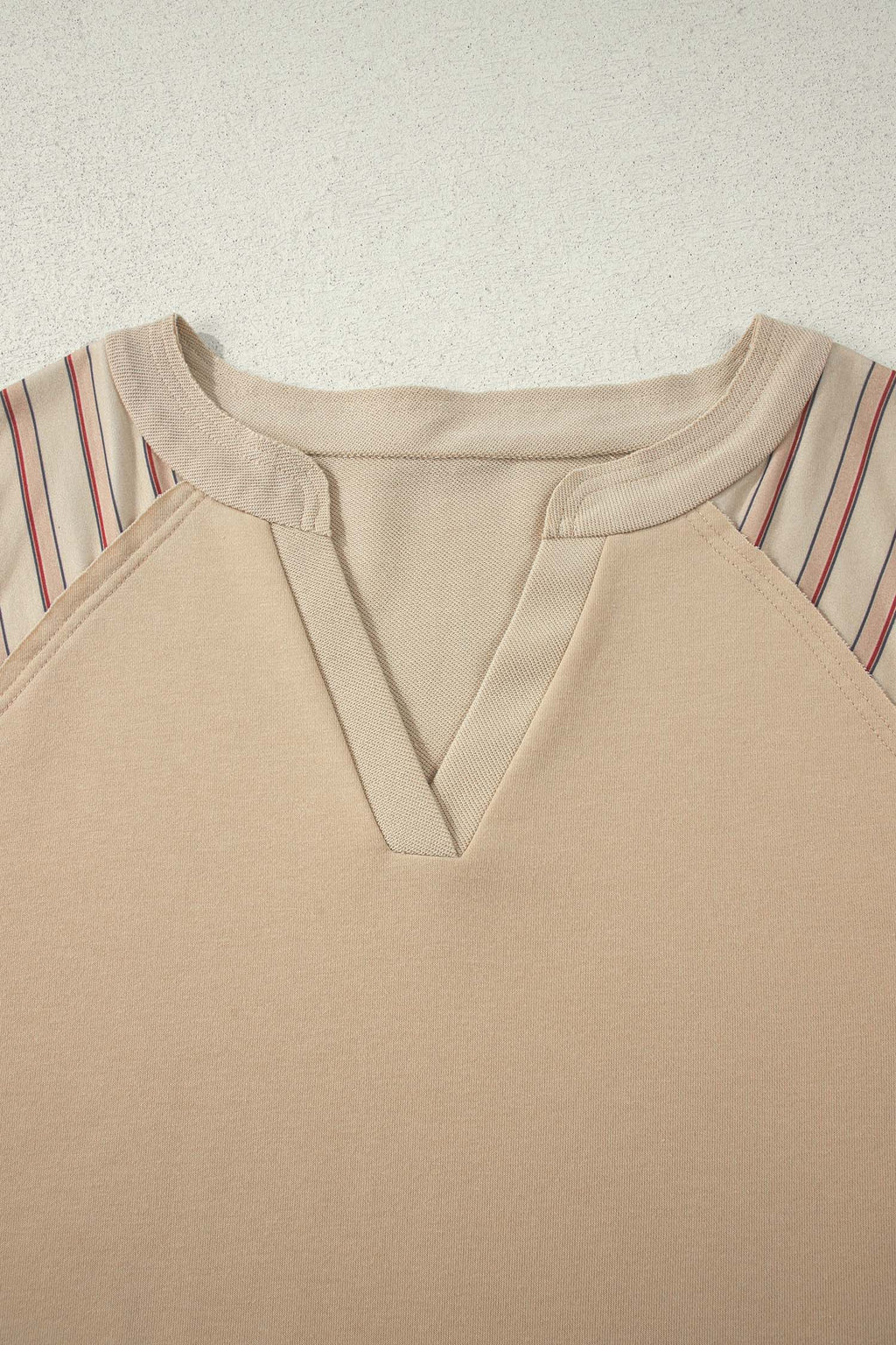 Parchment Striped Raglan Sleeve Notched Neck Raw Edge Plus Size Jumper