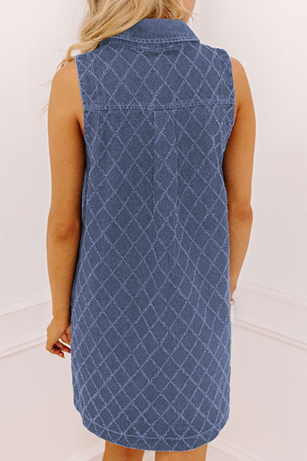 Sail Blue Rhombus Textured Collar Buttoned V Neck Denim Sleeveless Mini Dress