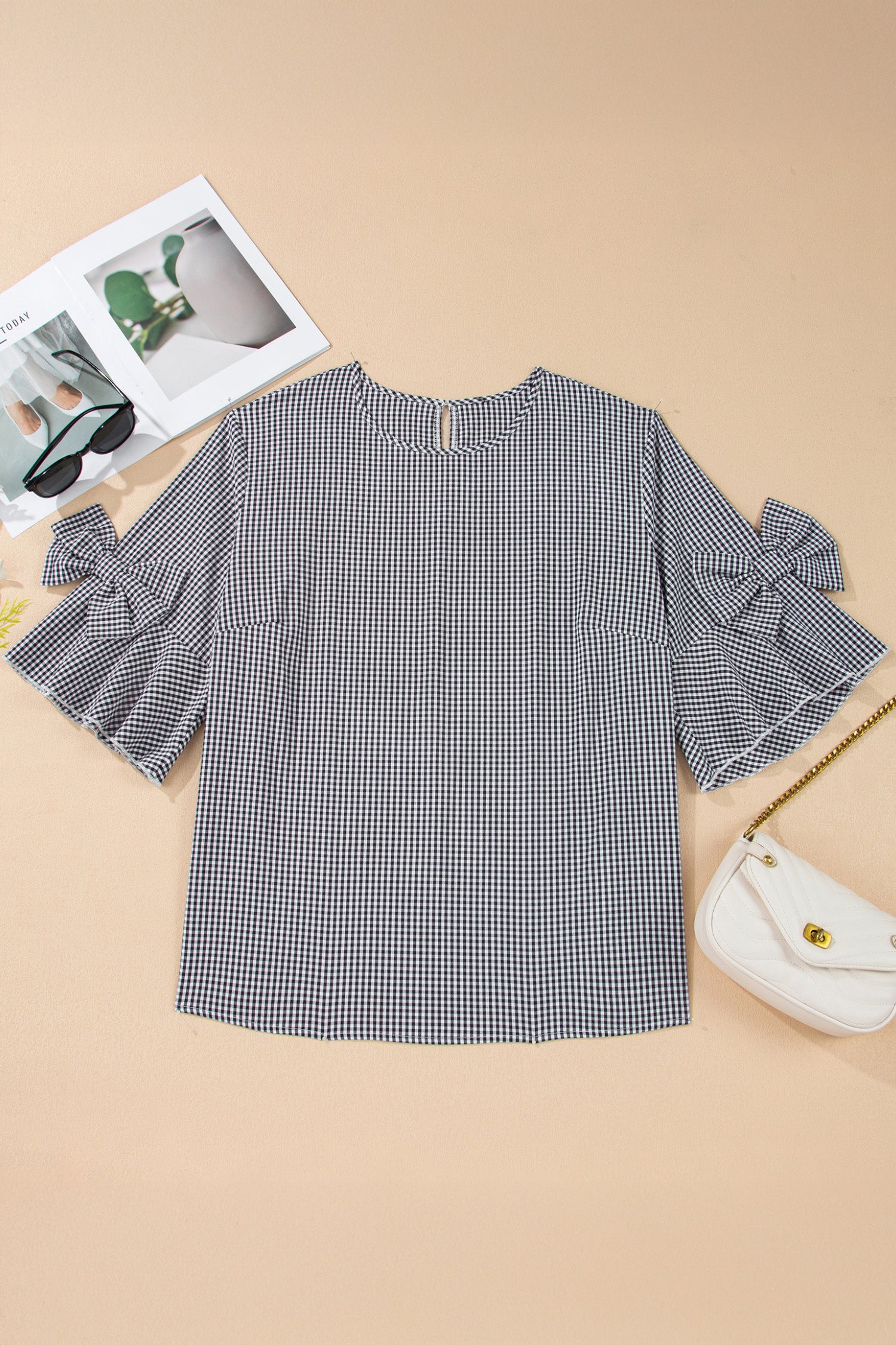 Black Plus Size Plaid Bow Decor Bell Sleeve Round Neck Jumper