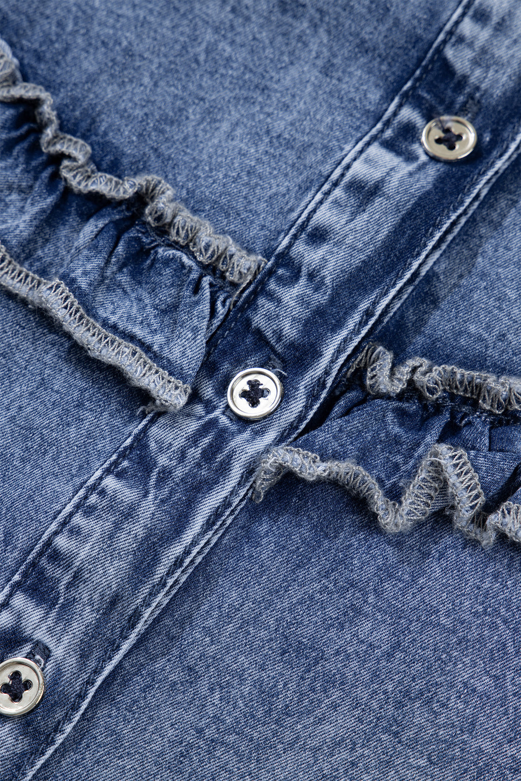 Dusk Blue Vintage Wash Denim Ruffle Detail Button Down Shirt