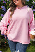 Pink Drop Shoulder Long Sleeve Plus Size Ribbed Top