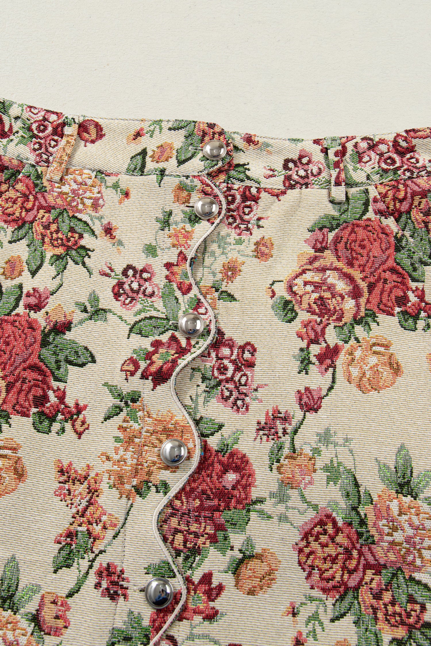 Apricot Buttoned Front Scalloped Trim Mini Jacquard Floral Skirt