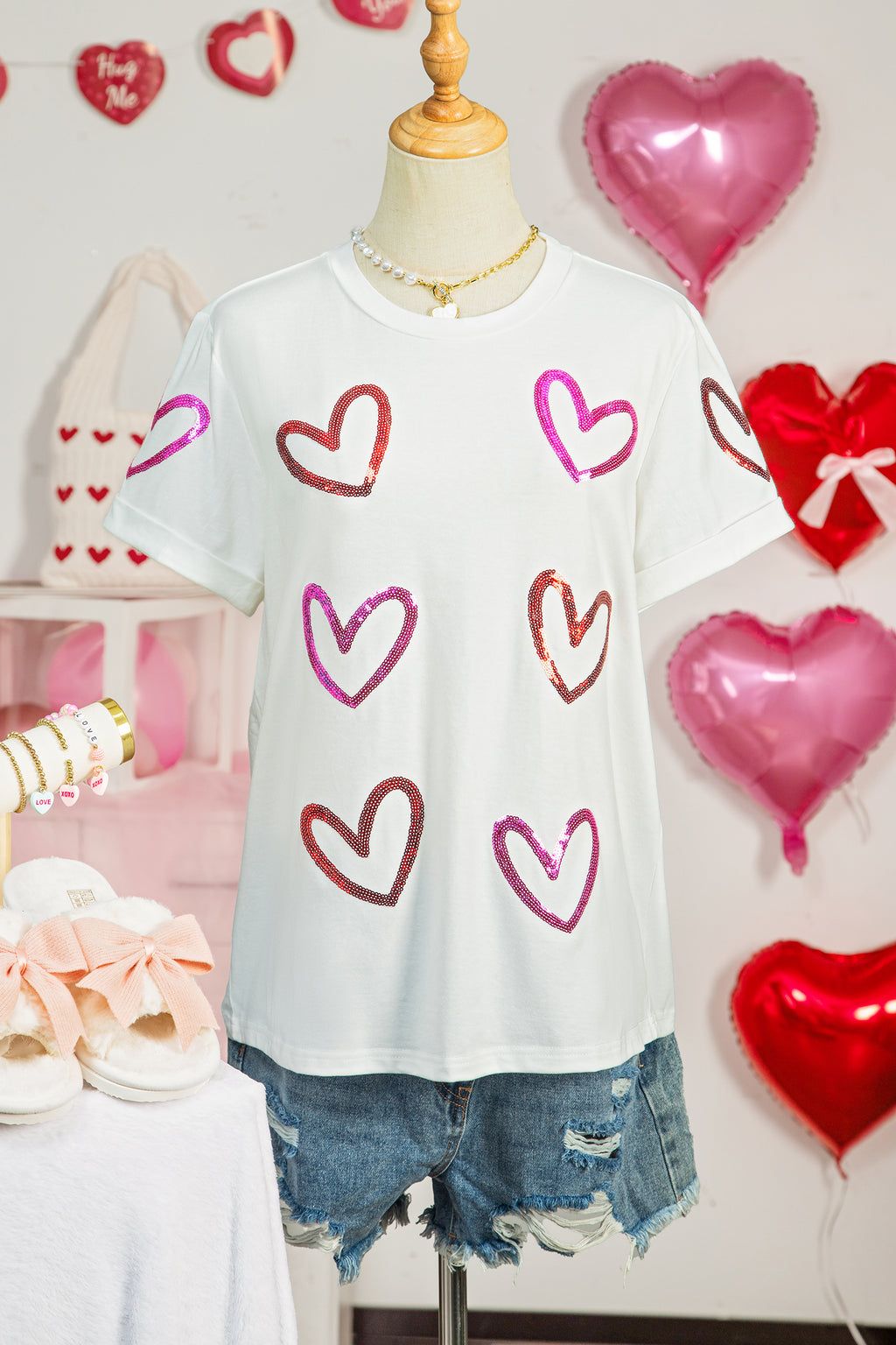 White Sequin Heart Sketch Graphic Womens Casual Tee