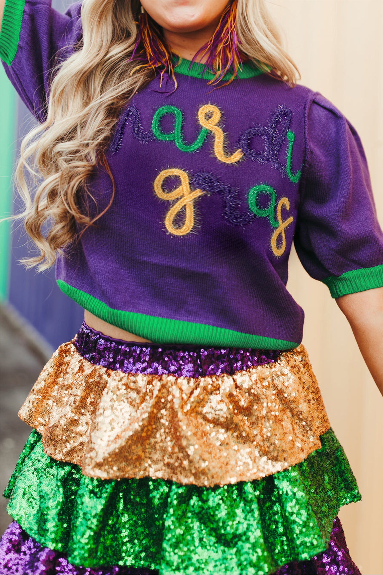 Tillandsia Purple Mardi Gras Tinsel Graphic Short Sleeve Sweater