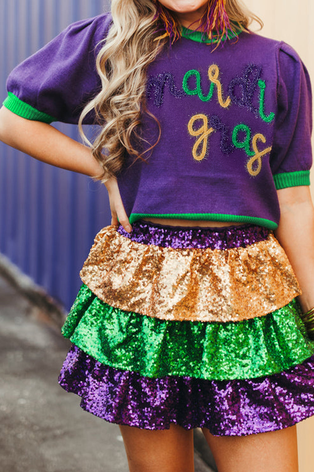 Tillandsia Purple Mardi Gras Tinsel Graphic Short Sleeve Sweater