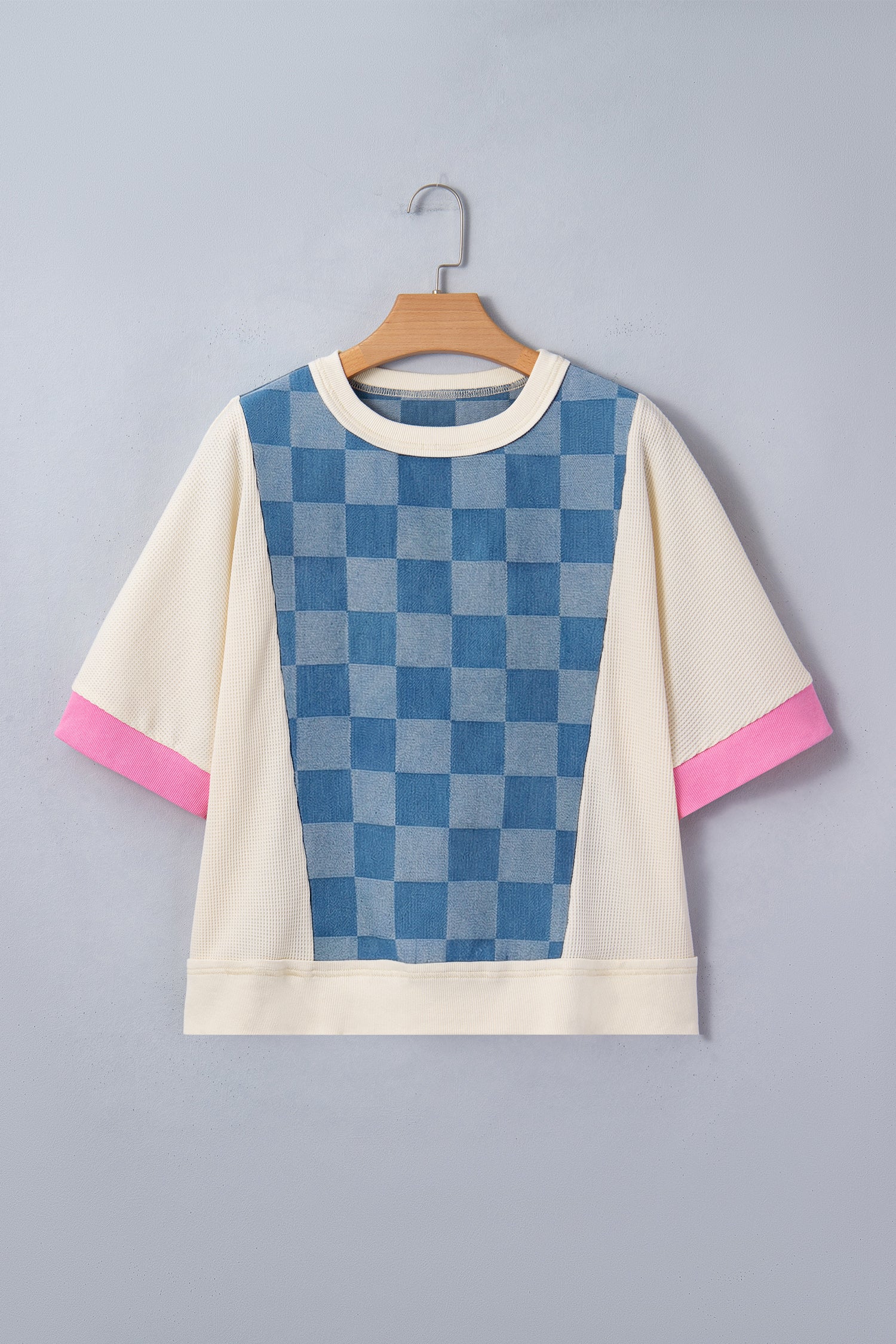 Dusk Blue Checkered Denim Patchwork Short Sleeve Loose Top