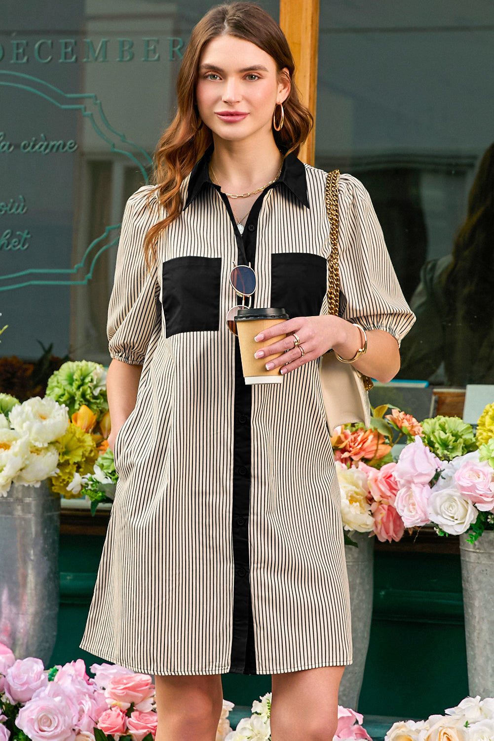 Black Stripe Color Block Patchwork Shirt Collar Button Down Puff Sleeve Mini Dress