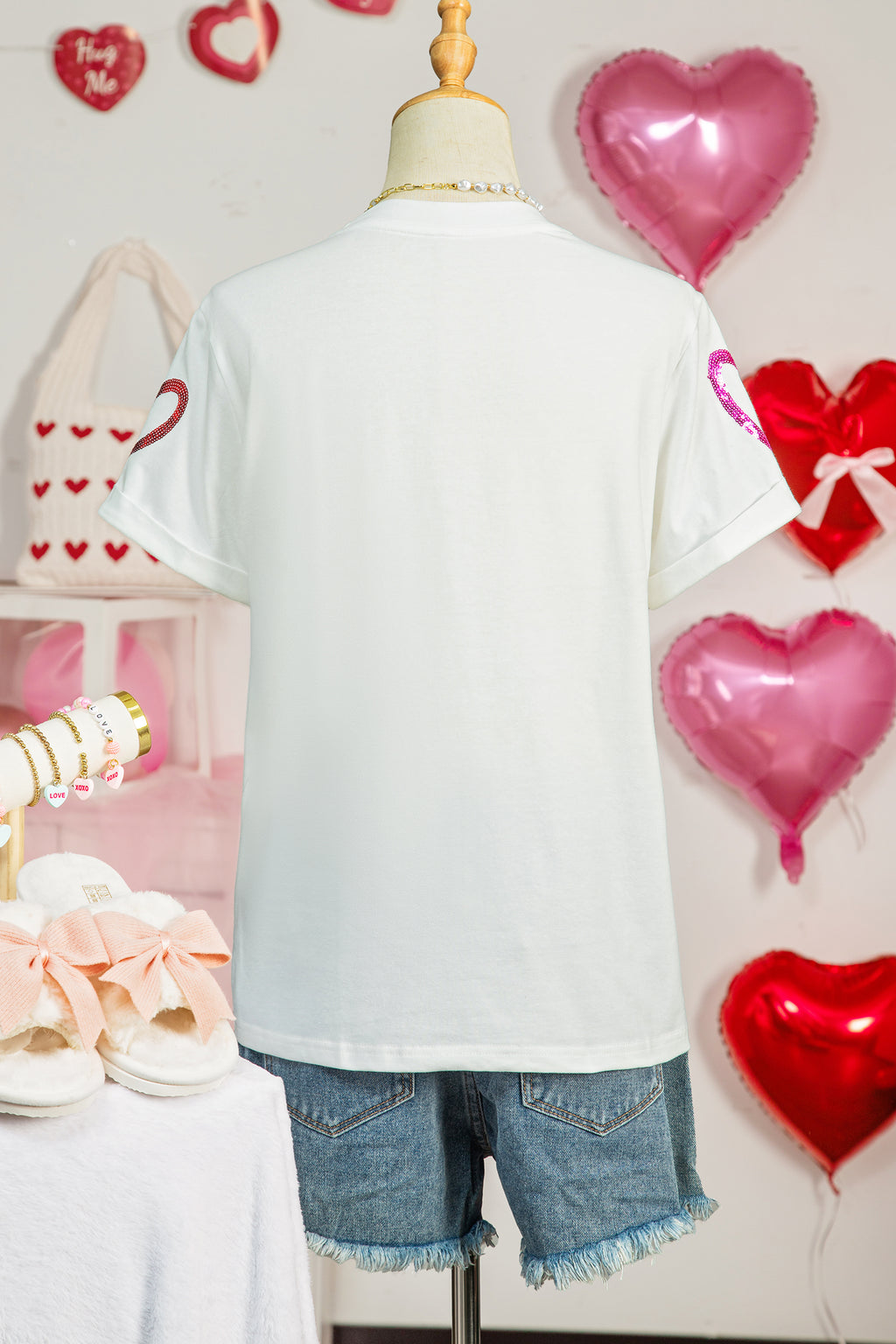 White Sequin Heart Sketch Graphic Womens Casual Tee